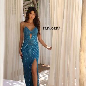 Primavera Teal Strapless Beaded Evening Gown